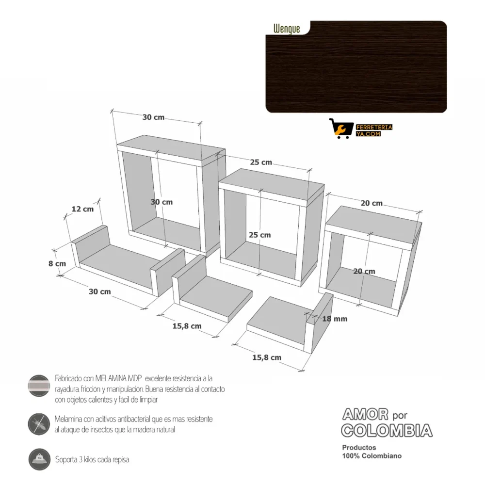 Repisas Flotantes X Set 6 Repisas Wengue Modelo 6 (49726) - Imagen 2