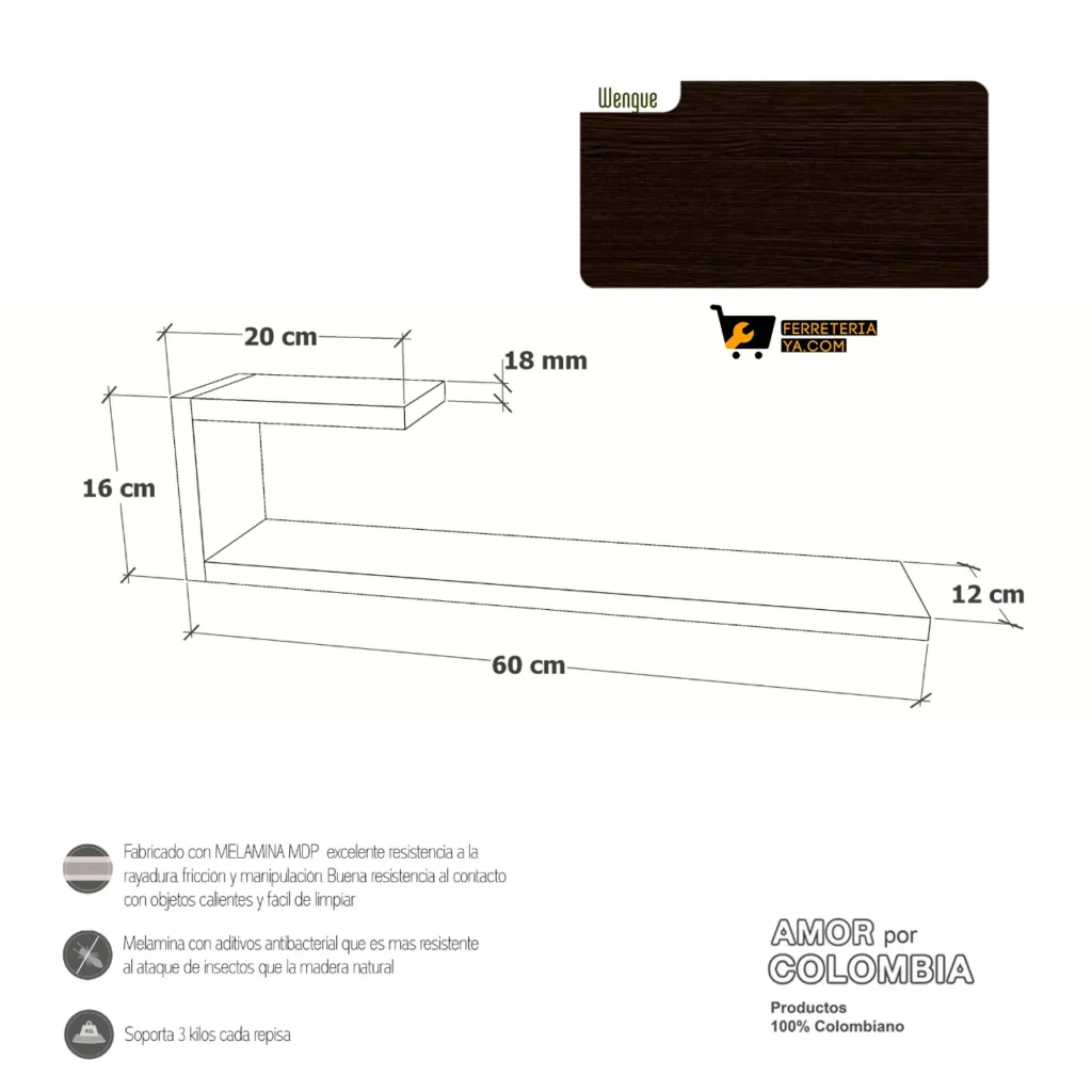 Repisas Flotantes en C X Set 2 Repisas Wengue Modelo 3 (49723) - Imagen 2