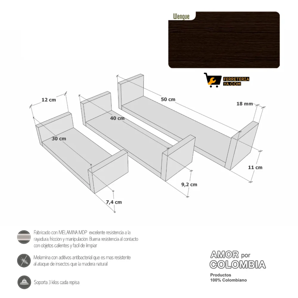 Repisas Flotantes en U X Set 3 Repisas Wengue Modelo 5 (49725) - Imagen 2
