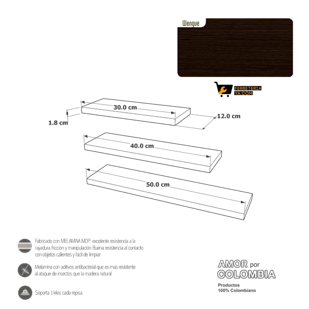 Repisas Flotantes X Set 3 Repisas Wengue Modelo 2 (49722) - Imagen 2