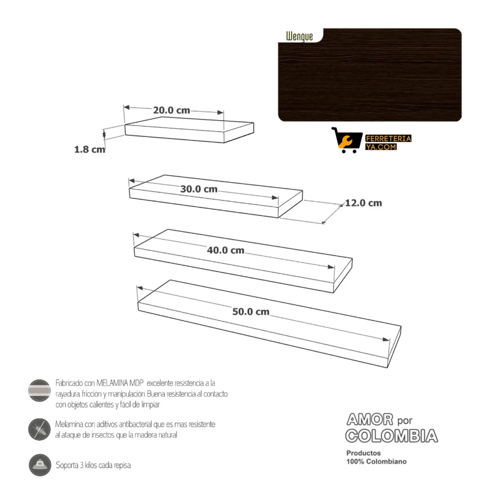 Repisas Flotantes X Set 4 Repisas Wengue Modelo 1 (49721) - Imagen 2