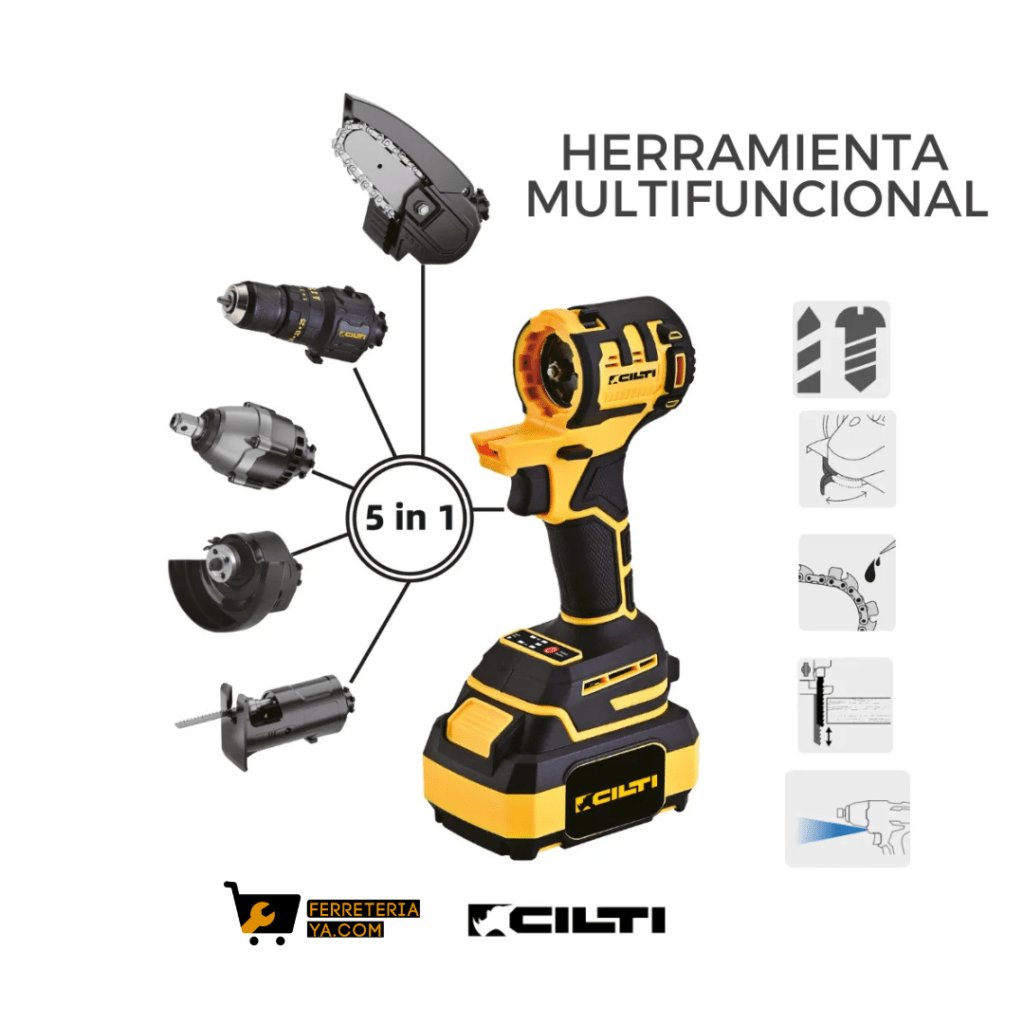 Herramienta Multifuncional Inalambrica 5 en 1 - Pulidora - Taladro - Caladora - Sierra para Madera - Pistola de Impacto CILTI