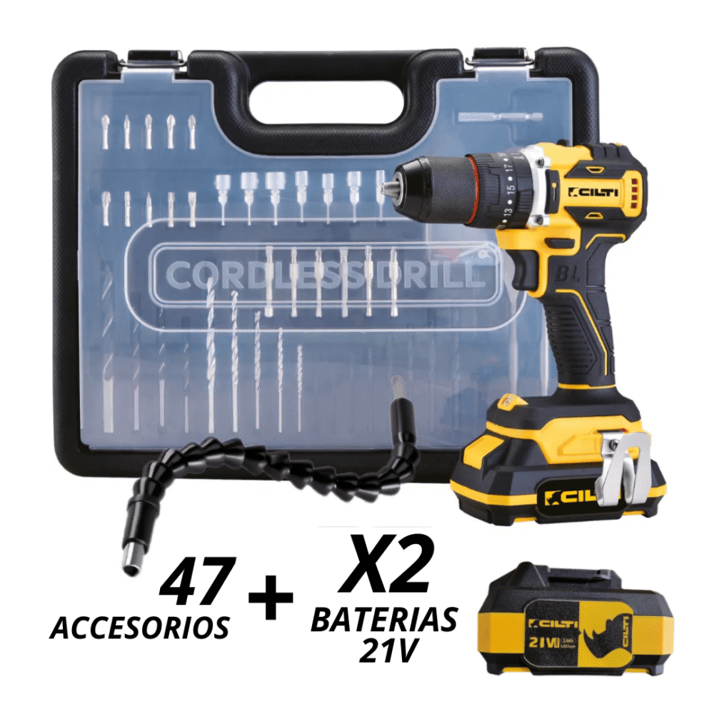 Taladro Percutor Inalámbrico 21V + 2 Baterias + 48 Accesorios Cilti