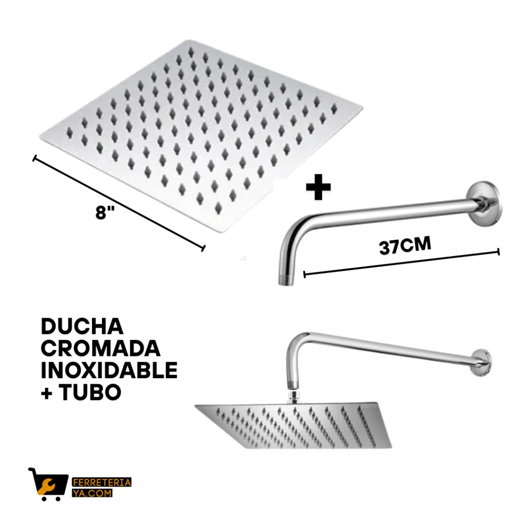 Ducha Cuadrada Cromada 8" + Tubo de 38cm 49042