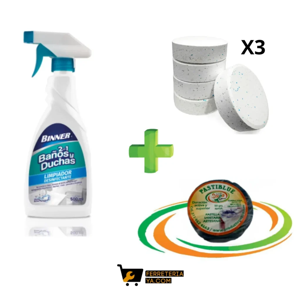 Baños Y Duchas Limpiador Desinfectante 500ml Binner + Pastilla Azul + Pastillas De Cloro (50523)