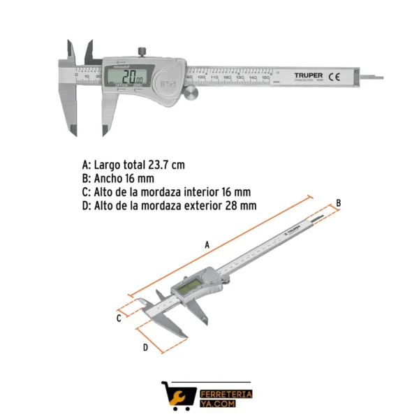Calibrador Vernier Digital 6" Acero Inox Std Y Mm Código 14388