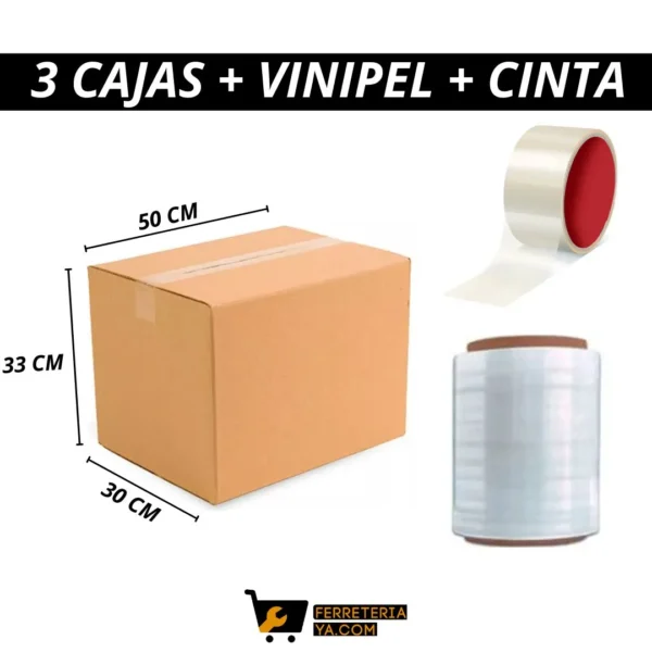 Combo Trasteo 3 Caja Carton 50 - 33 - 30 Cm + Vinipel 15cm X 300mts + Cinta Transparente 50mts (50435)