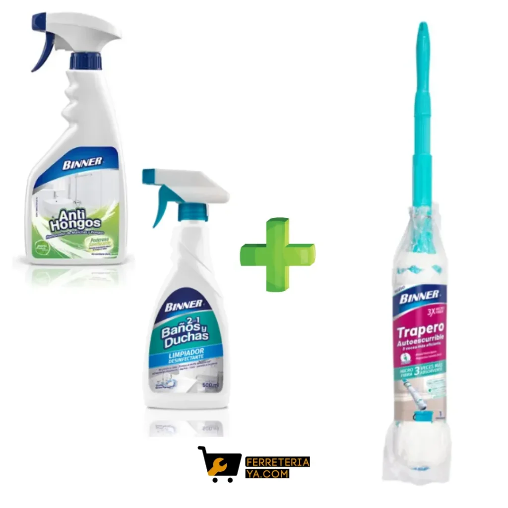 Desinfectante Anti Hongos 700ml Binner + Baños Y Duchas Limpiador Desinfectante 500ml Binner + Trapero Autoescurrible Microfibra Telescópico Binner (50515)