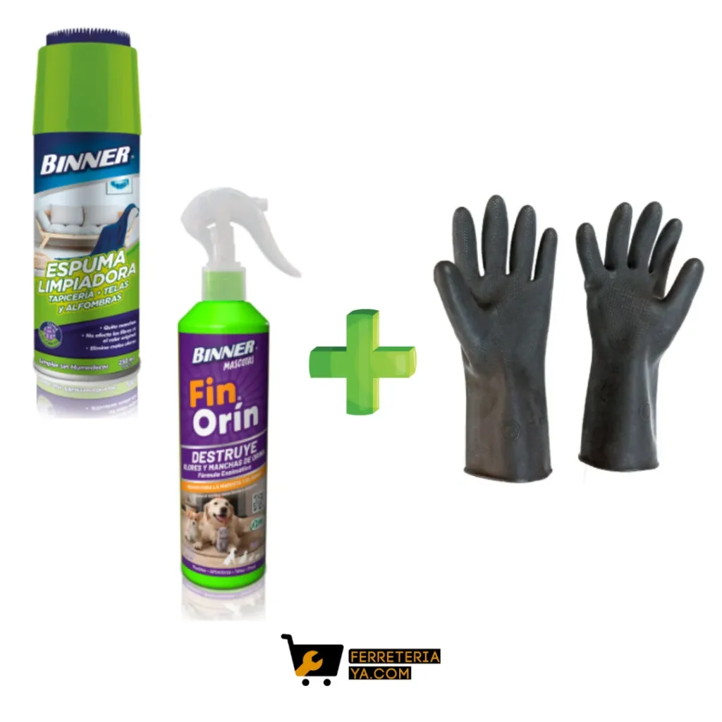 Espuma Limpiador De Tapiceria,telas Y Alfombras 250ml Binner + Fin Orin Destruye Olores Y Manchas De Orina 300ml Binner + Guantes De Caucho (50514)