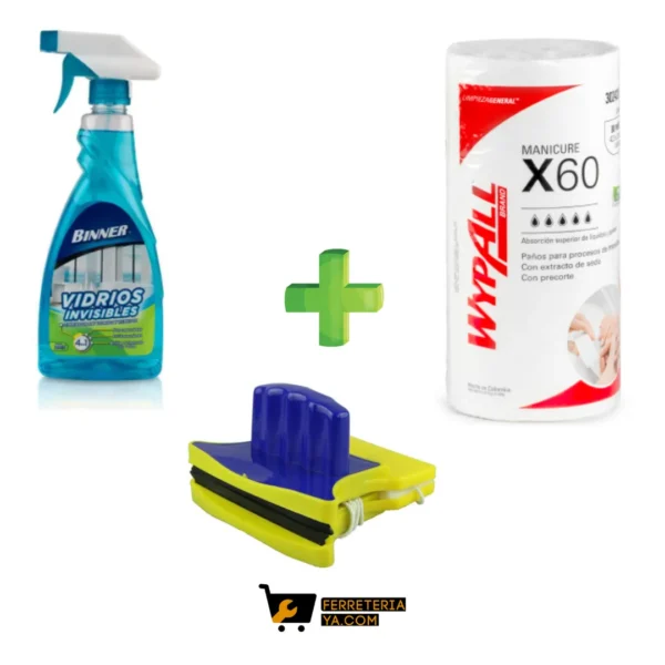 Limpia Vidrios Y Espejos 4 En 1 De 500ml Binner + Limpia Vidrios Magnetico + Wypall (50518)