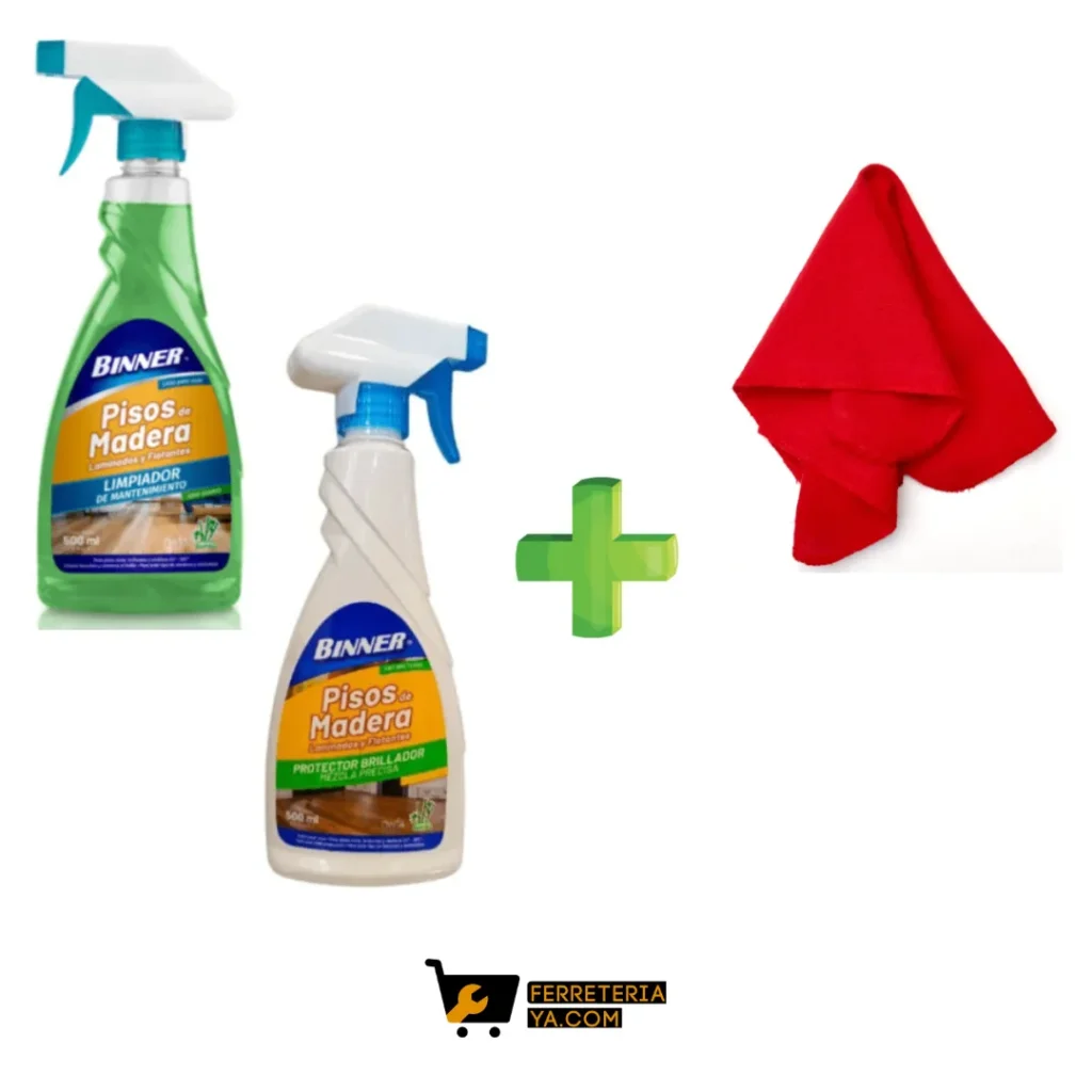 Limpiador De Mantenimiento Pisos De Madera 500ml Binner + Protector Brillador Pisos De Madera 500ml Binner + Bayetilla (50513)
