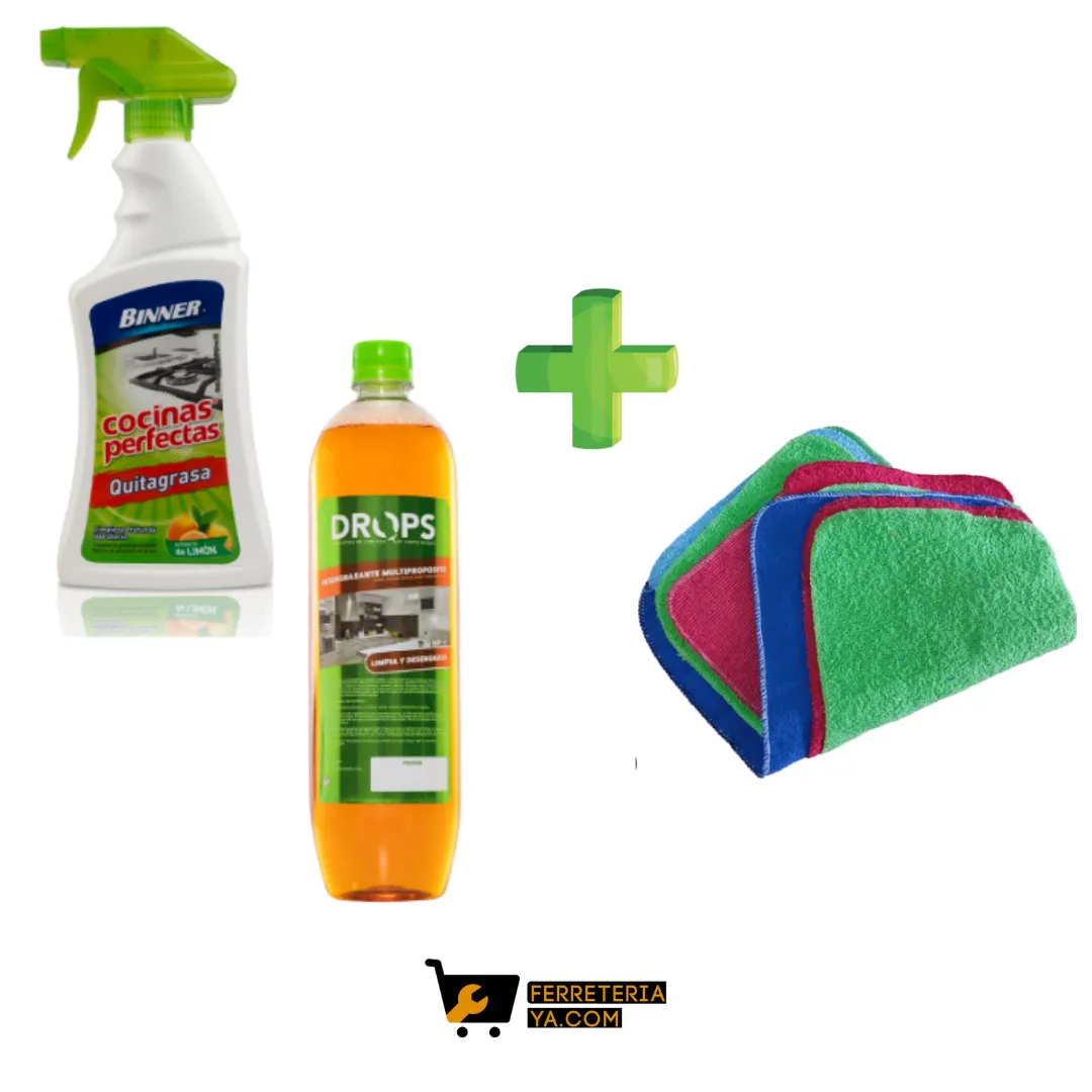 Quitagrasa Cocinas Perfectas 500ml Binner + Drops Desengrasante Litro + Trapo De Colores (50519)