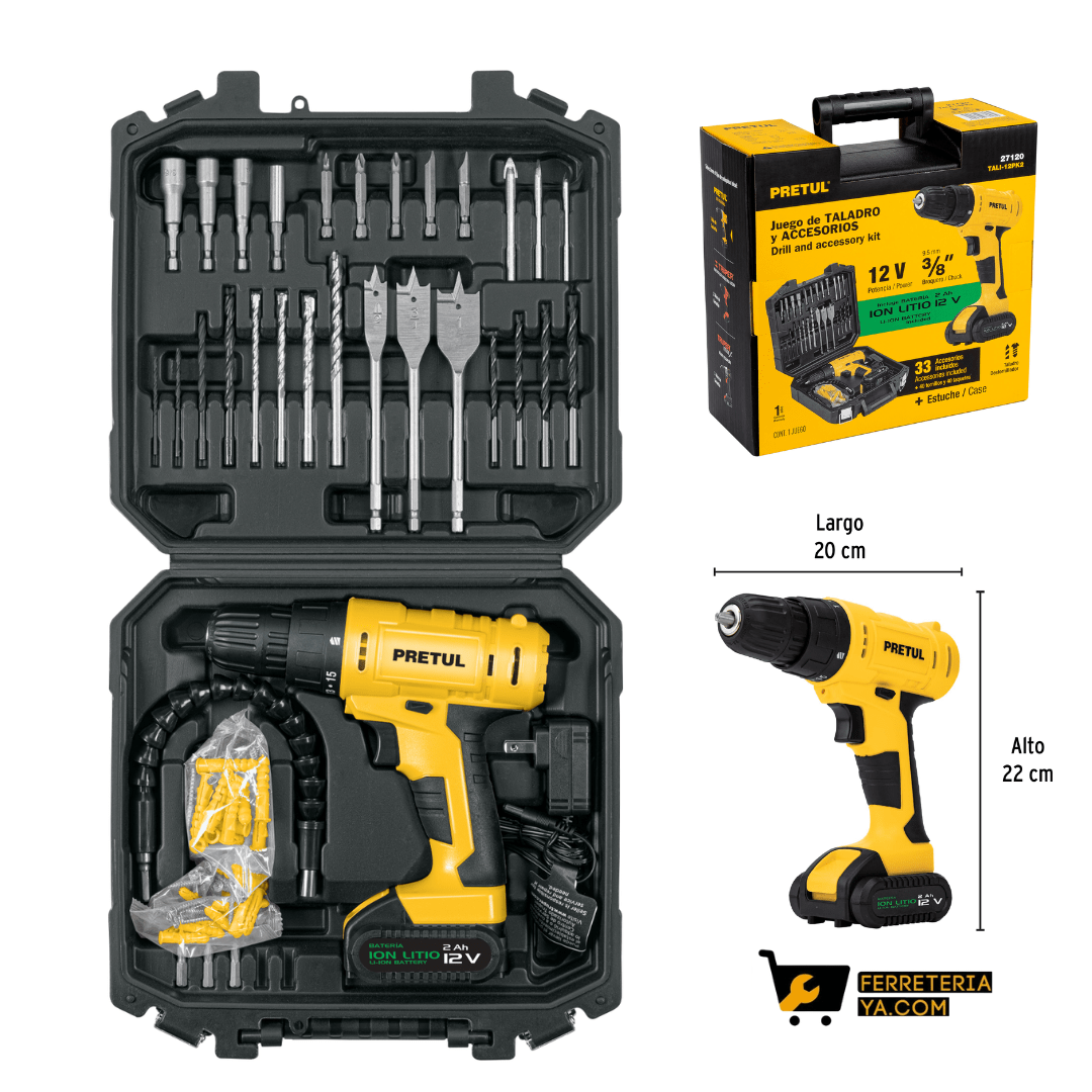 Taladro 3/8", 12V, + Kit 33 accesorios, en estuche plastico, PRETUL 27120