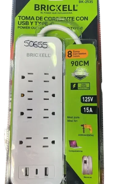 Multitoma 8 Salidas 2 USB 1 Tipo C Con Supresor De Alto Voltaje Brickell (50655)