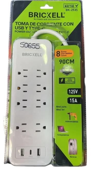 Multitoma 8 Salidas 2 USB 1 Tipo C Con Supresor De Alto Voltaje Brickell (50655)