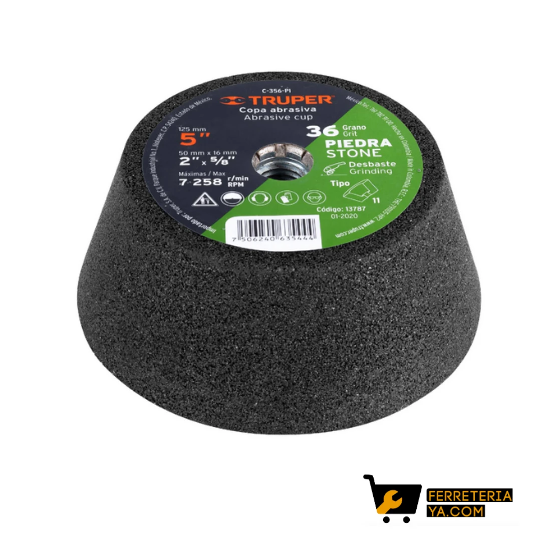 Copa desbaste de piedra 5" grano 36, eje 5/8 11, Truper 13787
