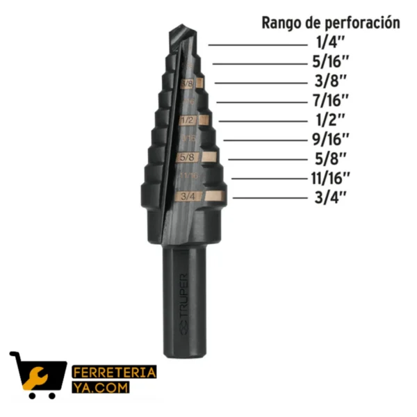 Broca Escalonada Oxido Negro 9 Escalones 1/4 a 3/4 Truper 12123