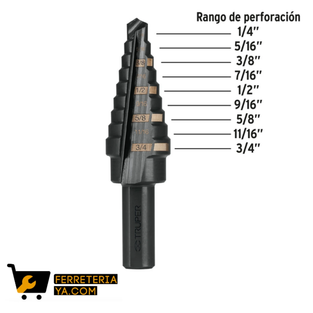 Broca Escalonada Oxido Negro 9 Escalones 1/4 a 3/4 Truper 12123