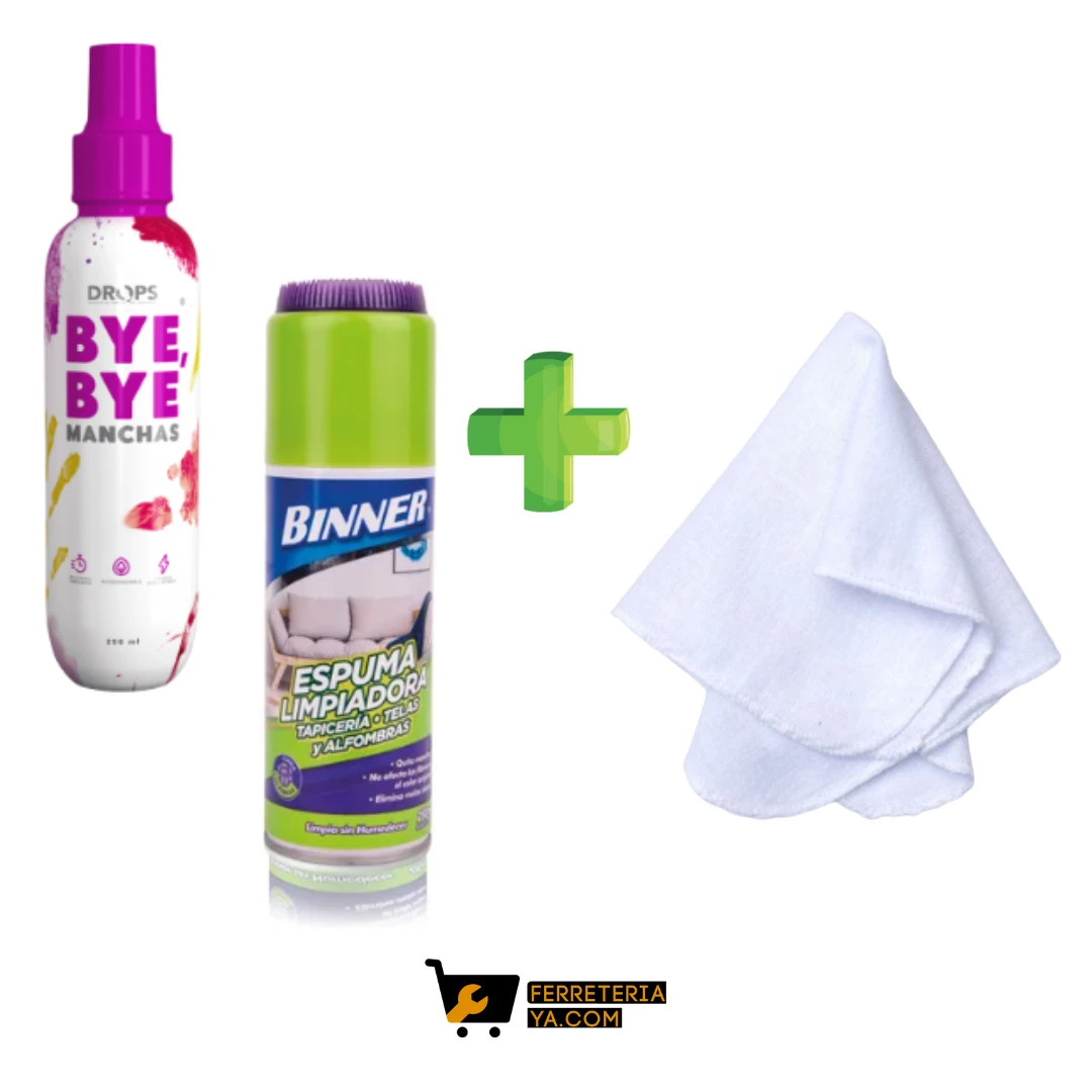 Drops Bye Bye Manchas 250ml + Bayetilla Blanca + Espuma Limpiador de Tapiceria,Telas y Alfombras 250