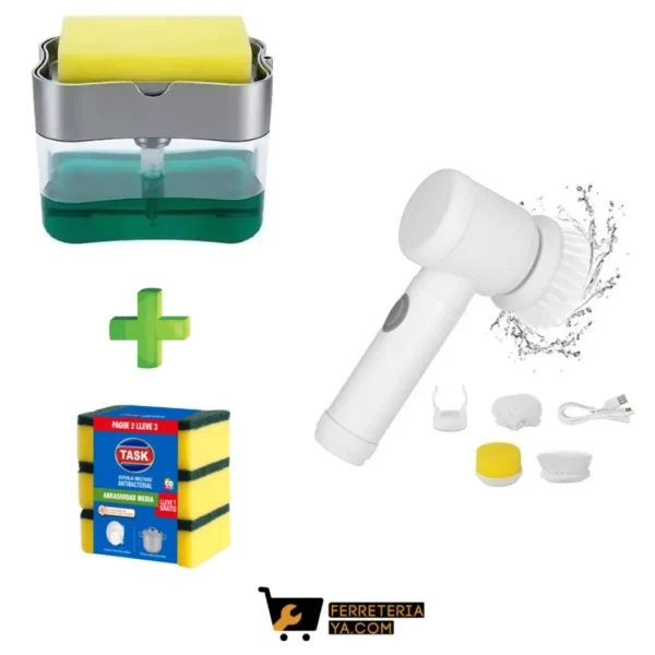 Cepillo de cocina electronico+Esponja Multiusos x 3 Unidades+Dispensador de Jabon