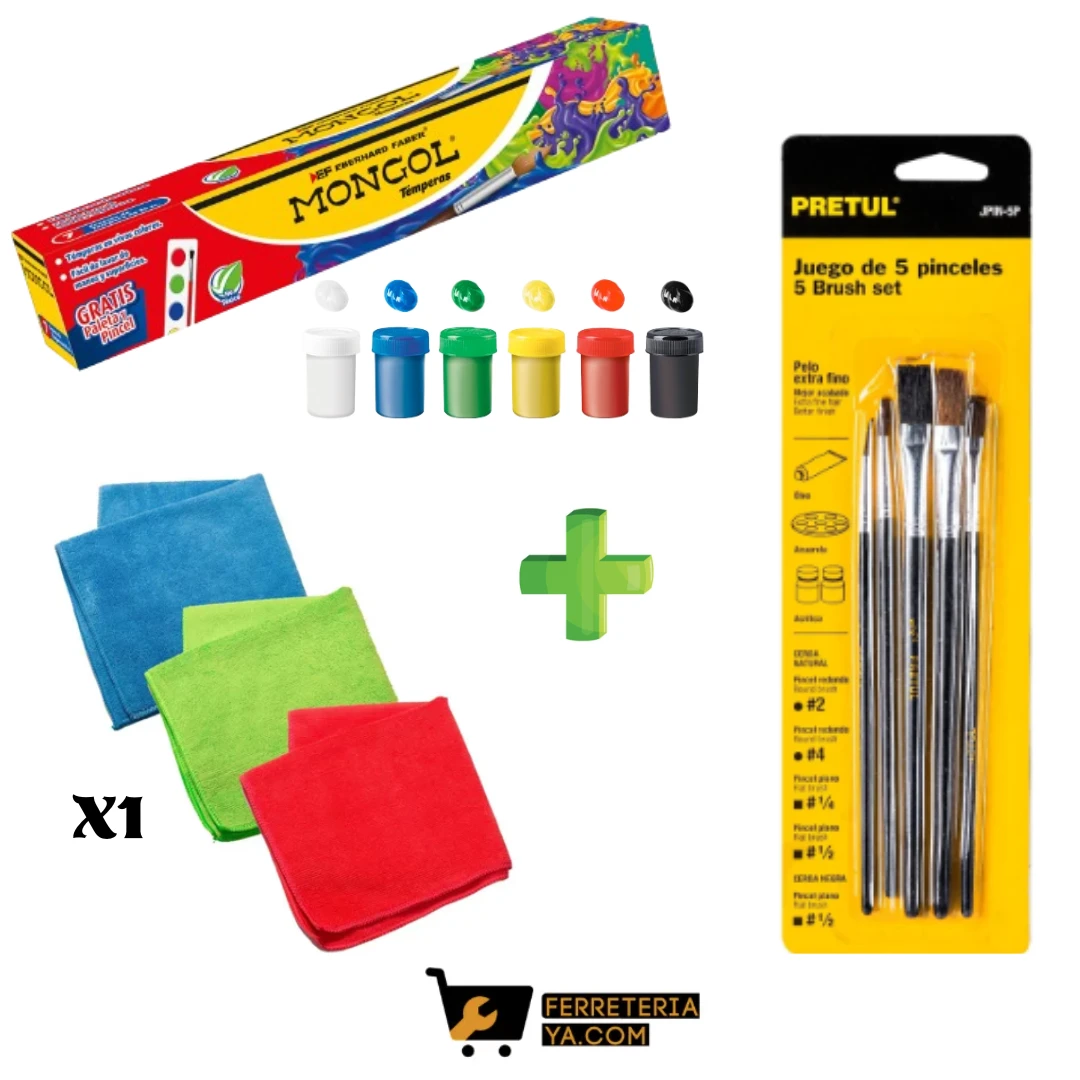 Temperas de Colores Set x 7+Juego de 5 Pinceles Pretul 24740+Trapo ó Limpion de Colores
