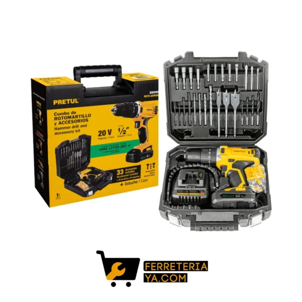 Kit rotomartillo 1/2", 20v, 32 accesorios, pretul 29000