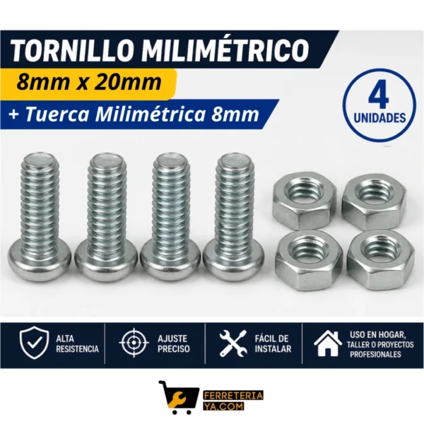 Tornillo Milimetrico 8mm X 20mm + Tuerca Milimetrica 8mm   Pack x 4 Unidades