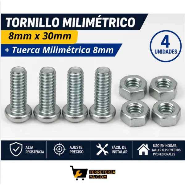 Tornillo Milimetrico 8mm X 30mm + Tuerca Milimetrica 8mm   Pack x 4 Unidades