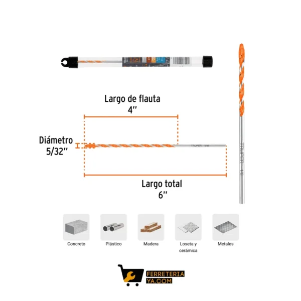 Broca multimaterial 5/32 x 6", Truper 103018