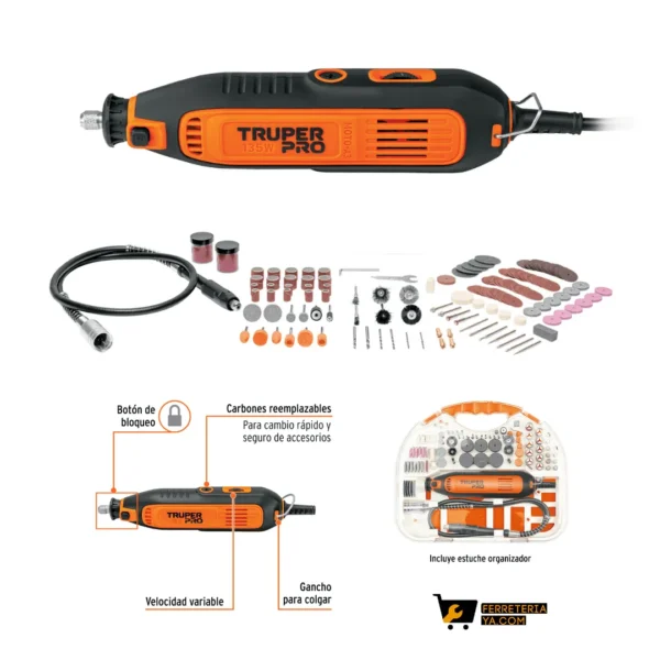 Herramienta rotativa 135w con 211 accesorios, truper pro   103581